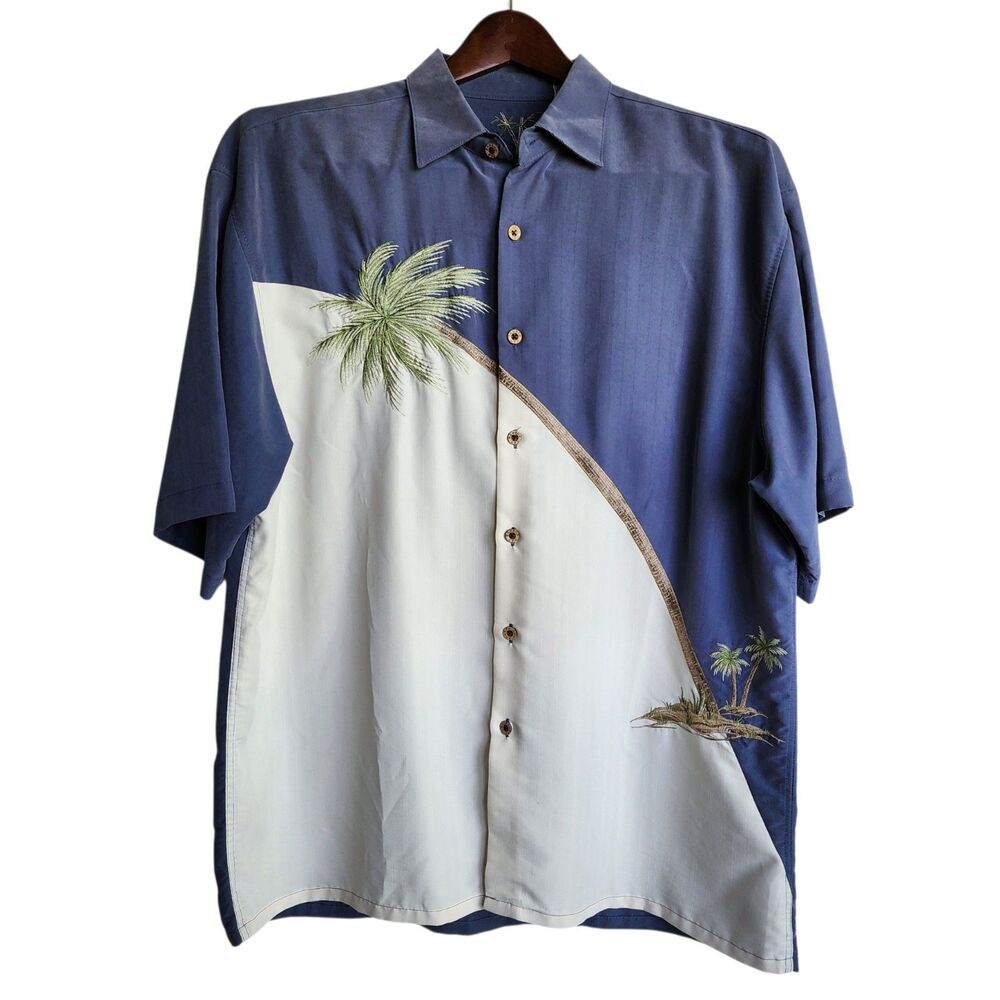 Bamboo Cay Silk Blend Hawaiian Shirt Mens Large Blue Cream Embroidered Palm Tree